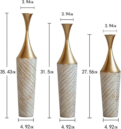 Floor Vases Decorative Tall, Set of 3 Flower Arrangement Stand for Living Room, Bedroom, Room Empty Corner Metal Gold Flower Vase Champgne & White