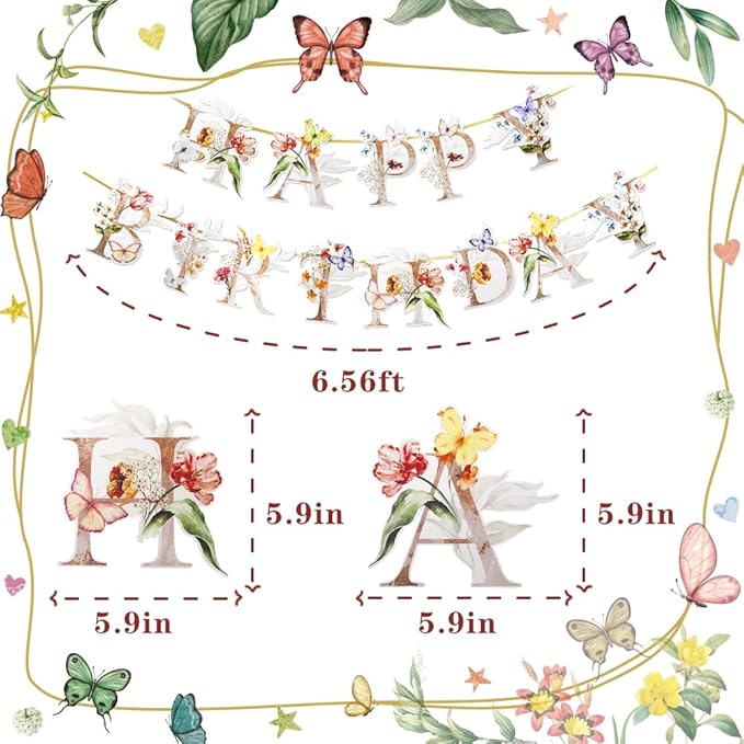 Flower Butterfly Happy Birthday Banner, Boho Groovy Floral and Butterflies Bday Sign, Wildflower Garden Party Decorations for Sweet 16 21st 30th 40th 50th 60th 70th Birthday Party