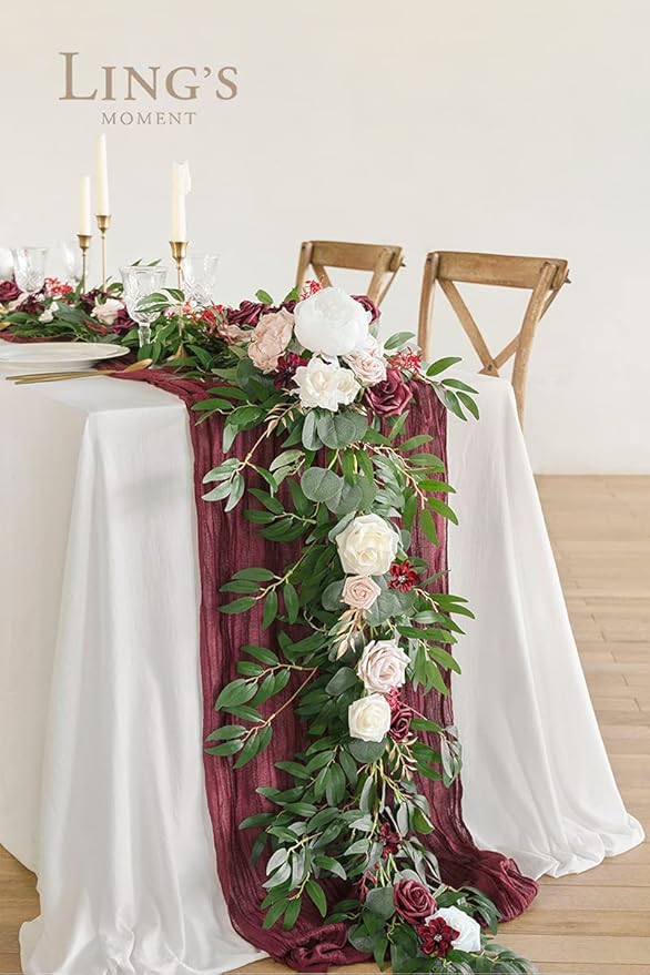 Ling's moment Flower Garland - 6FT Eucalyptus & Rose - Sweetheart Table Decor for Wedding Reception, Artificial Floral Garland for Mantle, Thanksgiving, Christmas Decoration, Marsala