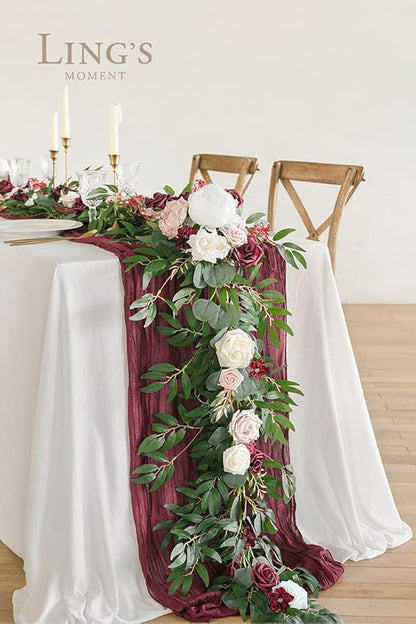 Ling's moment Flower Garland - 6FT Eucalyptus & Rose - Sweetheart Table Decor for Wedding Reception, Artificial Floral Garland for Mantle, Thanksgiving, Christmas Decoration, Marsala