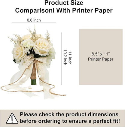 Artificial Plant, 1 Champagne White Rose Bridal Bouquet, 8.6 x 10.2 x 8.6 inches, Wedding Bouquets for Bride, Bridesmaid Bouquets with Silk Ribbon, Decoration