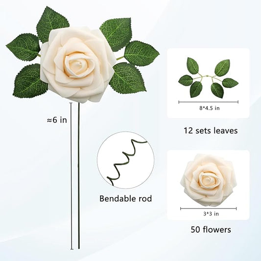 JOYLEX Artificial Flowers Realistic Roses, 50pcs Real Looking Fake Roses with Stem for DIY Wedding Bouquets Centerpieces Bridal Shower Party Home Romantic Decorations (Champagne)