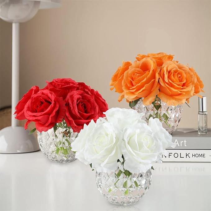 7 Large Stem Rose Artificial Flowers in Vase, Silk Flowers Arrangement in Round Glass Vase Without Water for Home Decor, Wedding Table (Cream)