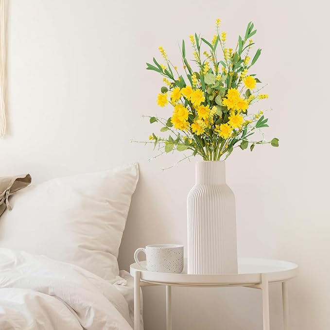 Artificial Flower 23 Inch 6 Pack Faux Yellow Daisy Eucalyptus Stem with Greenery - Realistic Spring Summer Floral for Home, Wedding, DIY Bouquets and Wreath
