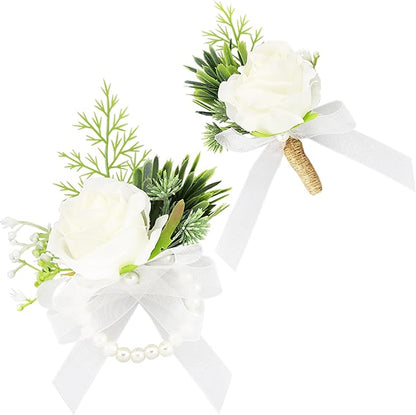 SITUMEIZI Ivory Rose Wrist Corsage and Boutonniere Set Corsage Wristlet Band Bracelet for Prom Decor Boutonniere for Men Wedding White Flowers Accessories Party Suit Decoration