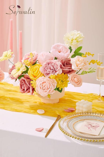 Serwalin Artificial Flowers,Pink Yellow Silk Fake Flowers Box for DIY Wedding Bridal Bouquet, Wedding Cake Flowers for Table Centerpieces Birthday Party Bridal Shower Home Decorations