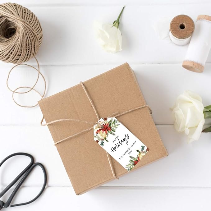 Andaz Press Personalized Classic Gift Tags, Custom Family Name and Year, Christmas Florals Design, Happy Holidays Tags, 60-Pack