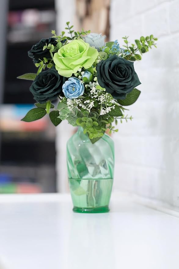 12pcs Artificial Rose Flower Dark Green Rose Emerald Green Flower with Long Stem Silk Roses Bouquet for Wedding Bridal Shower Party Home Decoration