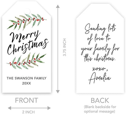 Andaz Press Personalized Christmas Holiday Season Classic Gift Tags, Merry Christmas Custom Family Name and Year, Watercolor Holly Leaves Design, for Holiday Events, Parties, and Favors, 60-Pack
