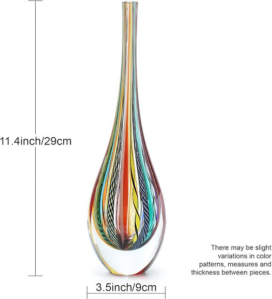 Ca D Oro Small Drop Glass Vase Boho with Colored Canes Hand Blown Murano-Style Art Glass - Model Tall