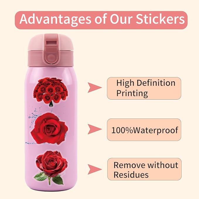 50PCS Red Rose Stickers, Vintage Aesthetic Transparent PET Decals, Waterproof Floral Stickers for Scrapbook, Journal, Water Bottles, Phone Cases, Laptops, DIY Crafts & Gift Deco