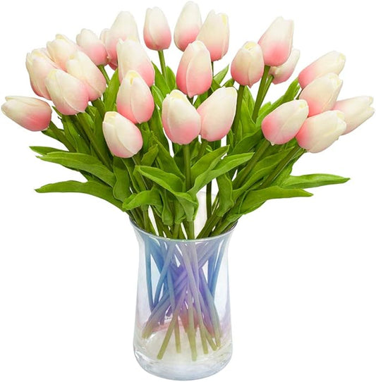 30pcs Artificial Tulips Flowers Real Touch Pink Tulips Fake Holland PU Tulip Bouquet Latex Flowers for Wedding Party Office Home Kitchen Decoration (Light Pink)