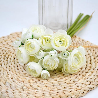 Ranunculus Artificial Flower, 24Pcs Faux Silk Mini Ranunculus Flowers Bulk Fake Wedding Filler Flowers for DIY Bouquet Centerpieces Arrangements Bridal Shower Decorations (Ivory)