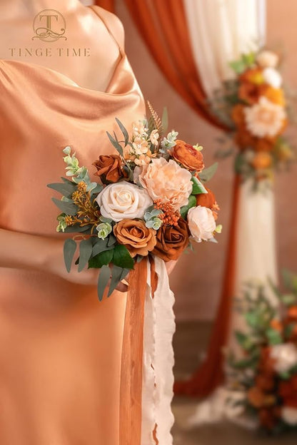 TINGE TIME 7 Inch Wedding Bouquets for Bridesmaid, Set of 4, Artificial Flowers Cascading Bridal Bouquet for Fall Wedding Ceremony Anniversary Bridal Shower and Rustic Vintage Wedding (Terracotta)