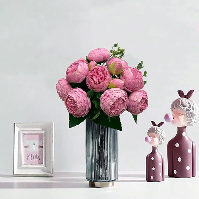 Artificial Peony Flowers, 4Pcs Silk Peonies Fake Peony Bouquets for Home Wedding Office Party Decor (Pink)