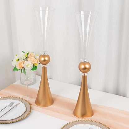 Efavormart 2 Pack Clear Gold Crystal Embellishment Trumpet Table Centerpiece, Reversible Plastic Flower Vase - 27"