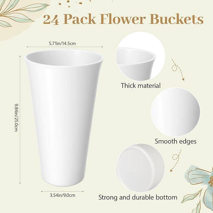 24 Pack Flower Buckets 9.84 Inch Plastic Flower Vases, Decorative Flower Buckets for Flower Bar, Modern Round Vases for Centerpieces Floral Display, Table Home Wedding Decorations (White)