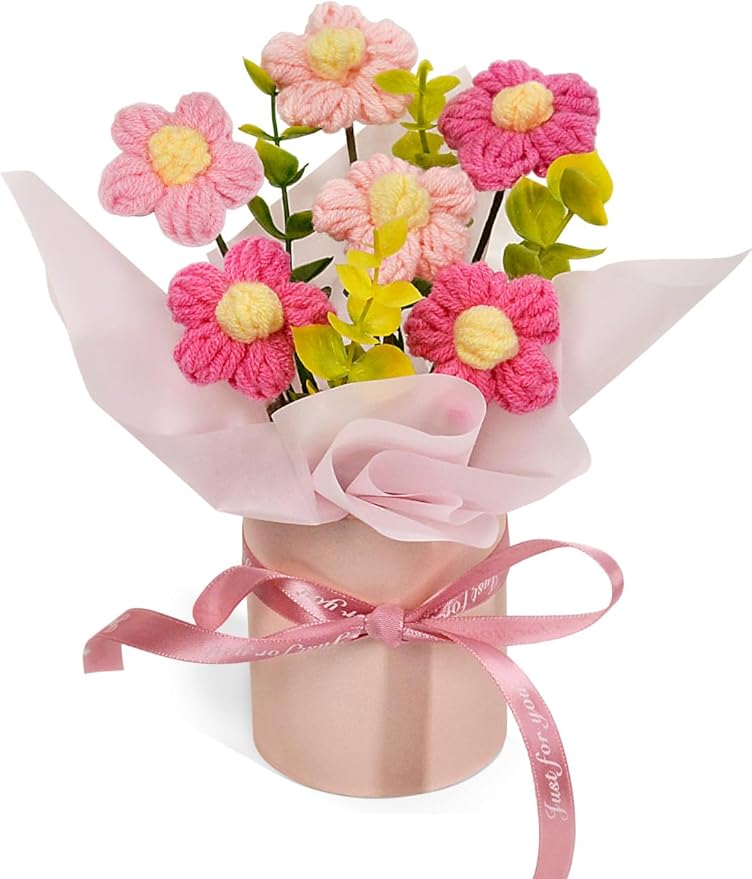 Crochet Flowers Bouquet, Handmade Knitted Pink Daisy Flowers Bouquet for Mother's Day, Christmas, Wedding, Office, Desk, Dashboard, Home Décor, Birthday Gift for Mom Women (Pink-Daisy)