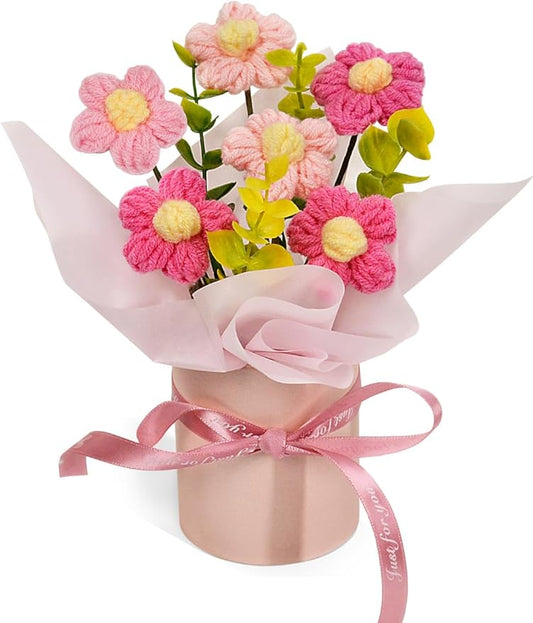 Crochet Flowers Bouquet, Handmade Knitted Pink Daisy Flowers Bouquet for Mother's Day, Christmas, Wedding, Office, Desk, Dashboard, Home Décor, Birthday Gift for Mom Women (Pink-Daisy)