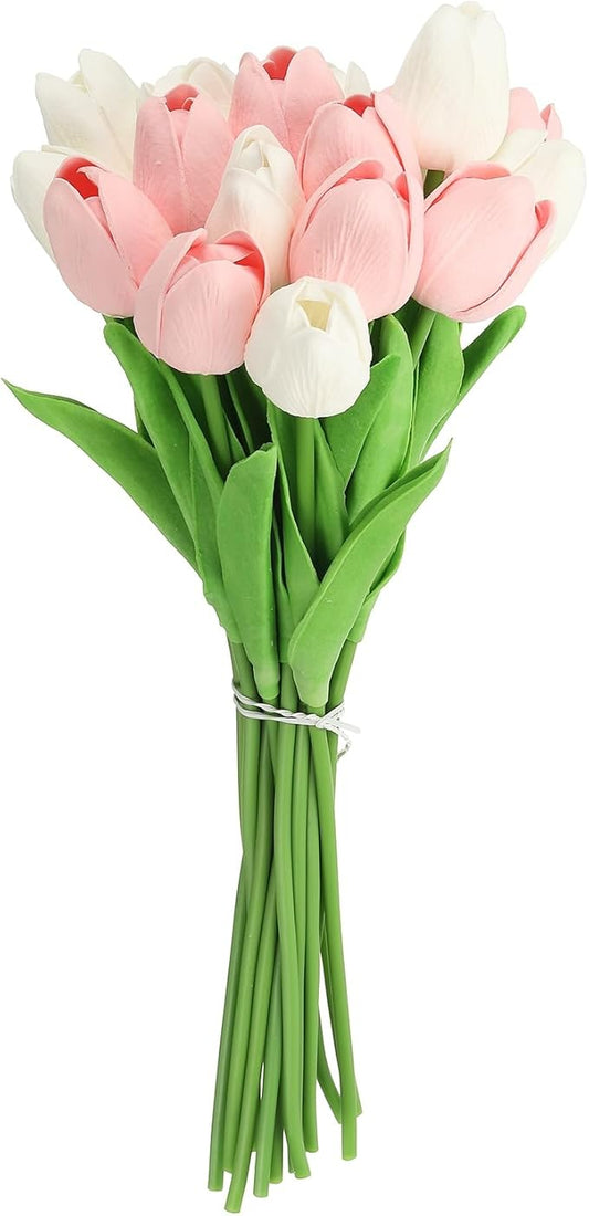 uxcell 20pcs Tulips Artificial Flowers, Faux Flowers Silk Fake Tulip Stems Real Touch for Wedding Bouquet Centerpiece Table Party Decoration(Candy Pink, Pure White)