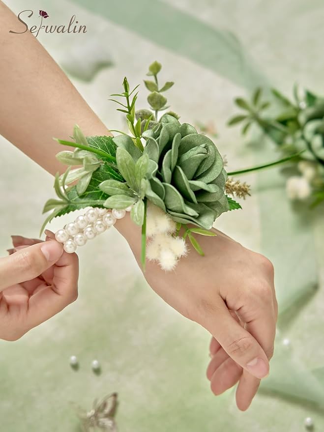 Serwalin Set of 2 Wrist Corsage for Wedding, 6-7inch Corsages Wristlet for Bridesmaid Mother Grandmother, Artificial Flowers for Prom Ceremony Anniversary, Green