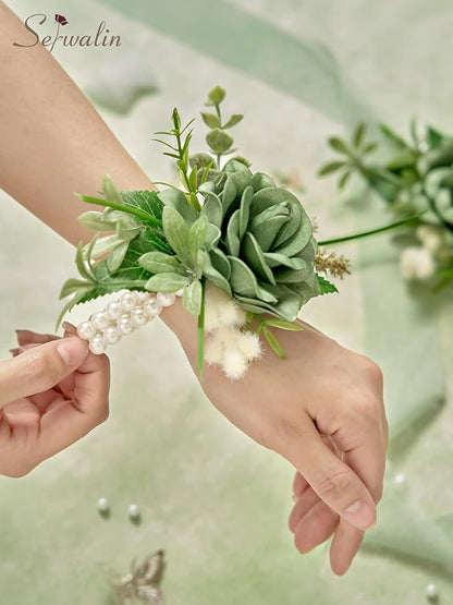 Serwalin Set of 2 Wrist Corsage for Wedding, 6-7inch Corsages Wristlet for Bridesmaid Mother Grandmother, Artificial Flowers for Prom Ceremony Anniversary, Green
