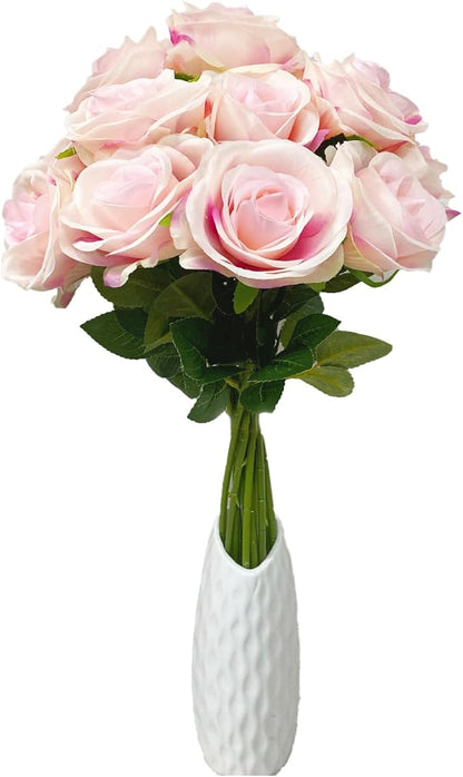 12 PCS Rose Artificial Silk Flowers, Fake Roses with Long Stems Realistic Faux Rose Flower Bouquets for Home Wedding Decoration Party-Gradient Pink