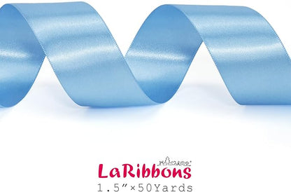 LaRibbons Light Blue Satin Ribbon 1 1/2 Inch 50 Yards Thin Luxury Double Faced Sky Blue Silk Ribbon for Flower Bouquet Crafts Gift Wrapping Wedding Babyshower Decoration