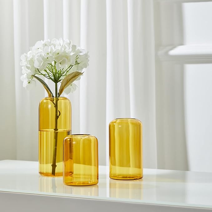 ZENS Glass Bud Vase Set of 3, Hand Blown Small Amber Bud Vases for Flower Decorative, Modern Cylinder Clear Glass Vase for Wedding,Living Room Home Décor