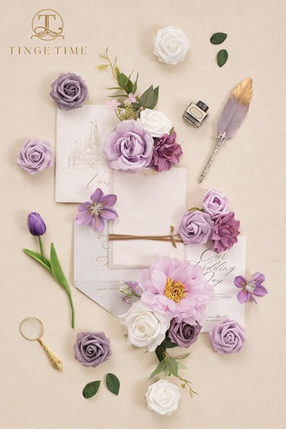 TINGE TIME Artificial Flowers Paisley Purple & White Flower Combo for DIY Wedding Bouquets Table Centerpieces Arrangements Party Baby Shower Home Decorations