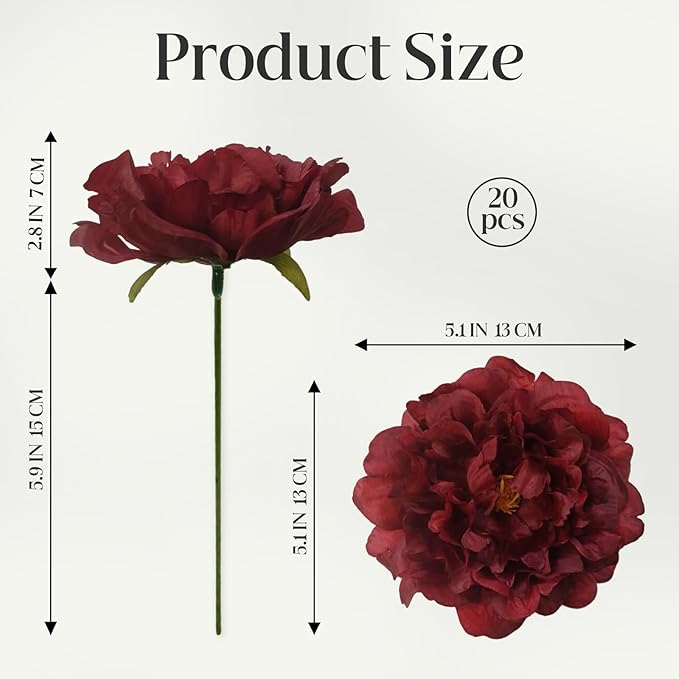 20pcs 5" Artificial Flower Peonies, Silk Peonies with 6" Stems, Flowers Suitable for Wedding Bouquets, Home Party Decoration (Wine Red)