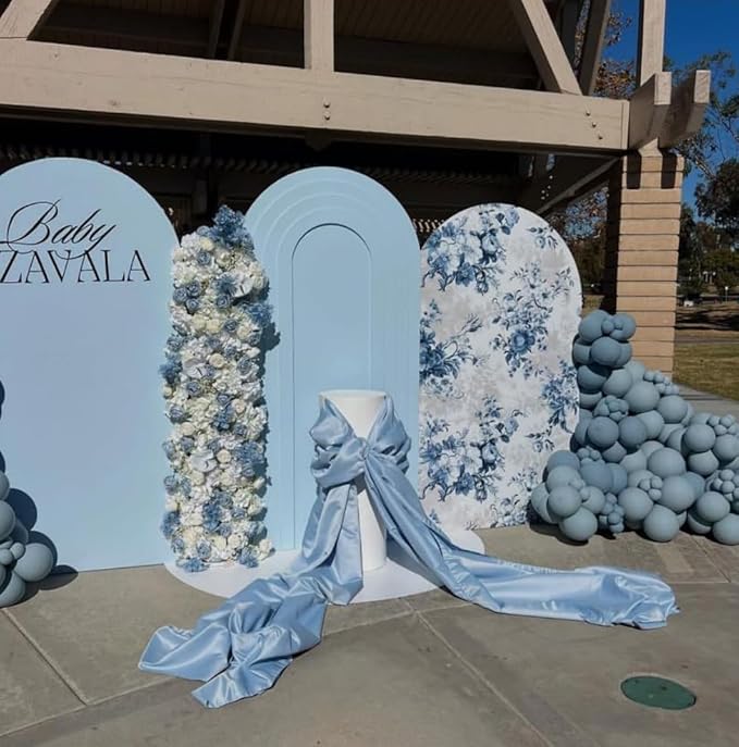 Arch Backdrop Cover Baby in Bloom Baby Shower Arch Stand Spandex Fabric Cover Blue Flowers Floral Pink Bows Girls Birthday Party Baptism Decorations (4X7.2ft,G-3856)