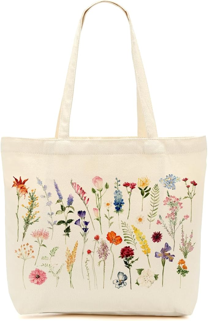 Aesthetic Floral Canvas Tote Bag for Women with Pocket, Tote Bags for Grocery Shopping Work Gym Christmas Birthday