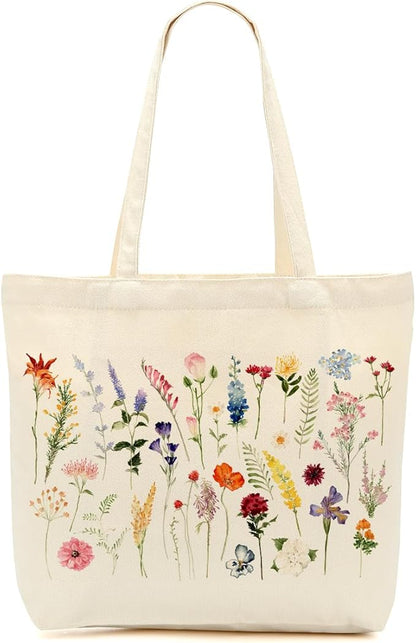 Aesthetic Floral Canvas Tote Bag for Women with Pocket, Tote Bags for Grocery Shopping Work Gym Christmas Birthday