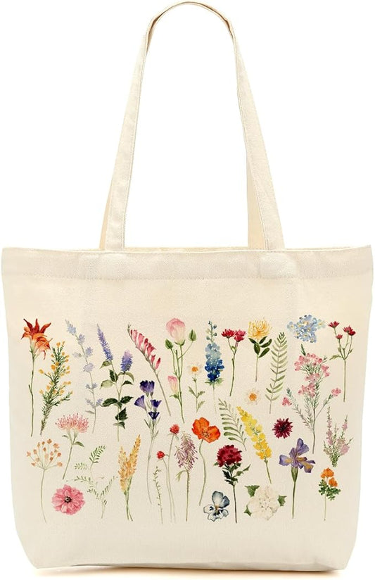 Aesthetic Floral Canvas Tote Bag for Women with Pocket, Tote Bags for Grocery Shopping Work Gym Christmas Birthday