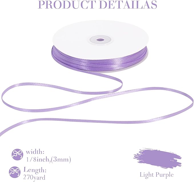 TONIFUL 1/8 Inch x 200 Yards Light Purple Thin Solid Satin Ribbon Giant Spool Double Face Ribbons for Crafts Hanging Tags Invitation Card Balloons Bouquet Hair Gift Wrapping Party Decoration