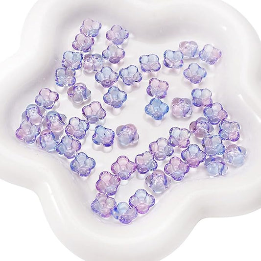 100PCS Glass Flower Beads for Jewelry Making 4 Petal Flower Bead Caps Gradient Cute Floral Beads Aesthetic Charms for Necklace Bracelets Earrings DIY Craft Home Decoration-Blue Purple