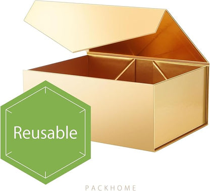 PACKHOME Christmas Gift Box 9x6.5x3.8 Inches, Rectangle Collapsible Box with Magnetic Lid for Xmas Gift Packaging (Glossy Gold)