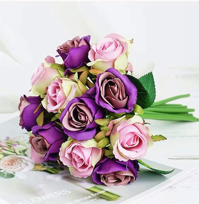 Jasion Artificial Roses Flowers 12 Heads Arrangement Silk Bouquet for Home Office Parties Bridal and Wedding Decoration Without Vase (Purple)