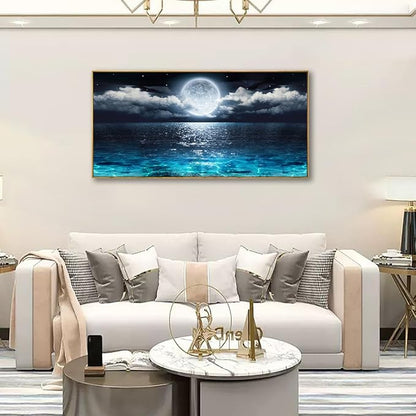 Canvas Wall Art for Living Room Bedroom Office Framed Ocean Beach Wall Art Paintings Pictures Artwork Moon Waves Blue Wall Decor 2.7cm Thick Frame, 20 * 40inch