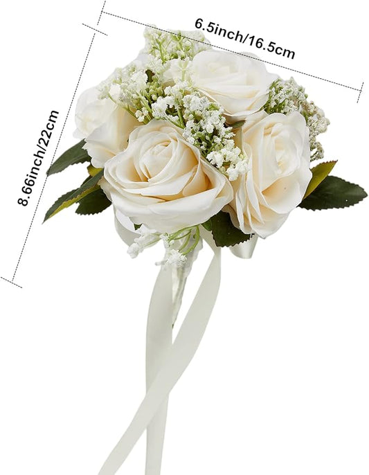 Meldel 6.5 Inch Bridesmaid Bouquet Set of 6, Ivory Wedding Bouquets for Bridesmaids, Small Bridesmaid Bouquets for Wedding, Artificial Wedding Bouquet Flower, Floral Wedding Centerpieces