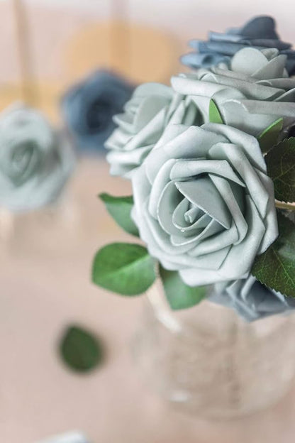 Ling's moment Artificial Flowers 50Pcs Dusty Blue & Navy Roses Decor w/Stems,3" Real Touch DIY Foam Floral for Wedding Bouquet/Centerpieces, Outdoors Party Backdrop, Room/Table, and Garden/Pot Decor