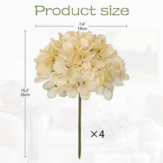 Hollyone Yellow Silk Hydrangea Artificial Flowers Heads 7.4inch Large Fake Hydrangea 4Pcs Full Faux Flowers with Stems for Wedding Party Table Centerpieces Flower Arrangement Home Decor