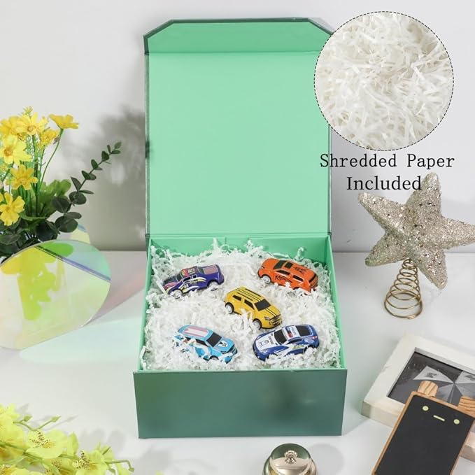 6 Pcs Small Green Gift Box 8x8x4 Inch Magnetic Gift Box Small Magnetic Box with Crinkle Paper Green Small Gift Box with Shredded Paper Luxury Gift Boxes with Lids for Presents