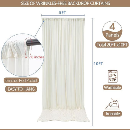 20x10ft Wrinkle Free Ivory Backdrop Curtain for Parties Soft Fabric Drapes Wedding Ivory Curtain Backdrop for Birthday Party Decorations Background for Photography 5x10ft,4 Panels