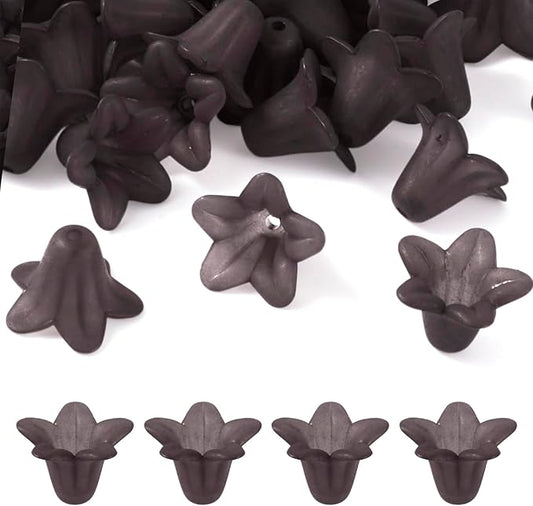 Crafans 50Pcs Acrylic Trumpet Flower Beads Caps Frosted Flower Charms Bell Floral Pendants Floral Spacer Beads End Caps for Angel Wing Charms Jewelry Making Supplies Prussian Blue 17.5x12x1.5mm