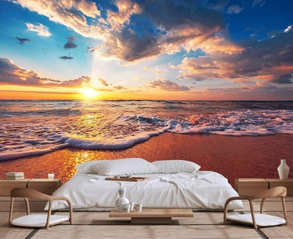 Sunset Over The sea, Blue Sky, White Clouds and sea Water Form a Beautiful Natural Landscape Wallpaper, Large Background Wall murals(Non-self-Adhesive)