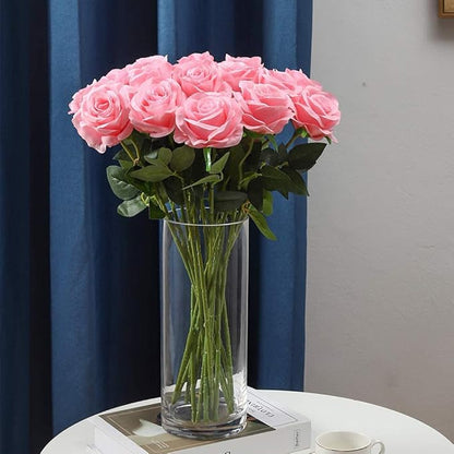 Laelfe 12 PCS Artificial Flowers Pink Roses Fake Silk Flowers Long Stem Artificial Roses for Home Wedding Decorations (Pink)
