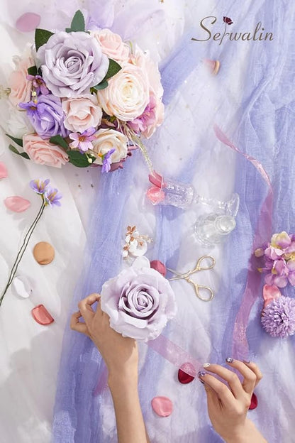 Serwalin 2Pcs Artificial Flowers Fake Silk Flowers Combo Realistic Mixed Roses Box for DIY Wedding Bridal Bouquets Centerpieces Arrangements Faux Flowers with Stems Home Decor, Pink&Lilac