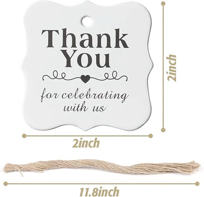 SallyFashion 150 PCS Thank You White Gift Tags with String, 2 x 3 Inches Paper Gift Tags for Party Favors Weddings, Bridal and Baby Showers Birthdays